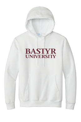 Bastyr Logo Adult Hoodie - White w/ Cranberry Lettering