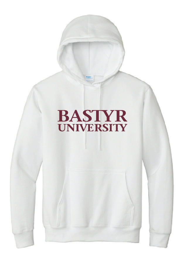 Bastyr Logo Adult Hoodie - White w/ Cranberry Lettering