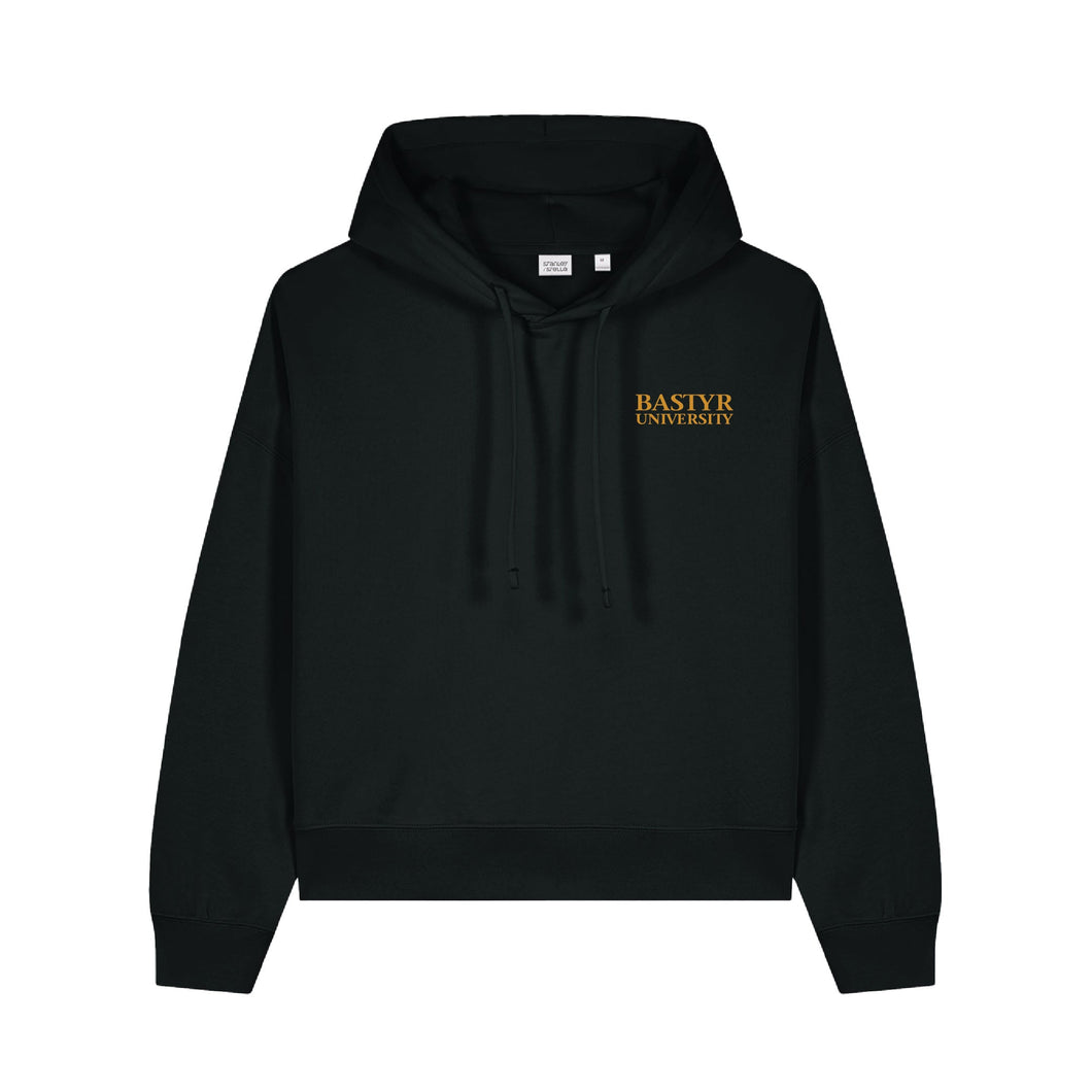 Bastyr Embroidered Cropped Hoodie Pullover - Black