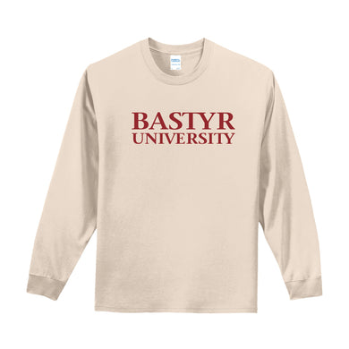 Bastyr Long Sleeve Shirt - Ecru w/ Cranberry Lettering